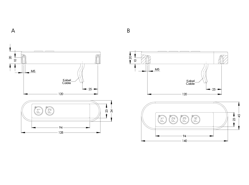 Technische Zeichnung von zwei Ausführungen des Funktionsgriffes TG6 mit Drucktastern und detaillierten Maßen